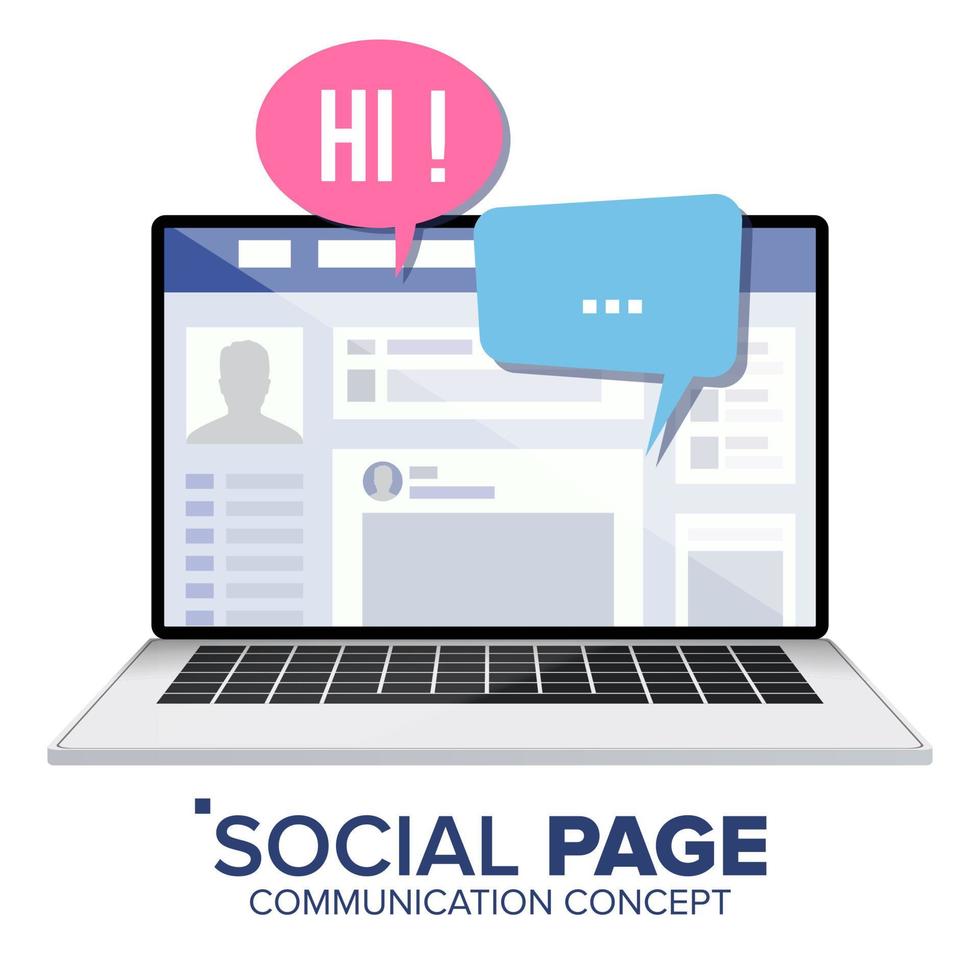 Social Page On Laptop Vector. Speech Bubbles. Social Media Profile Account. Isolated Flat Illustration vector