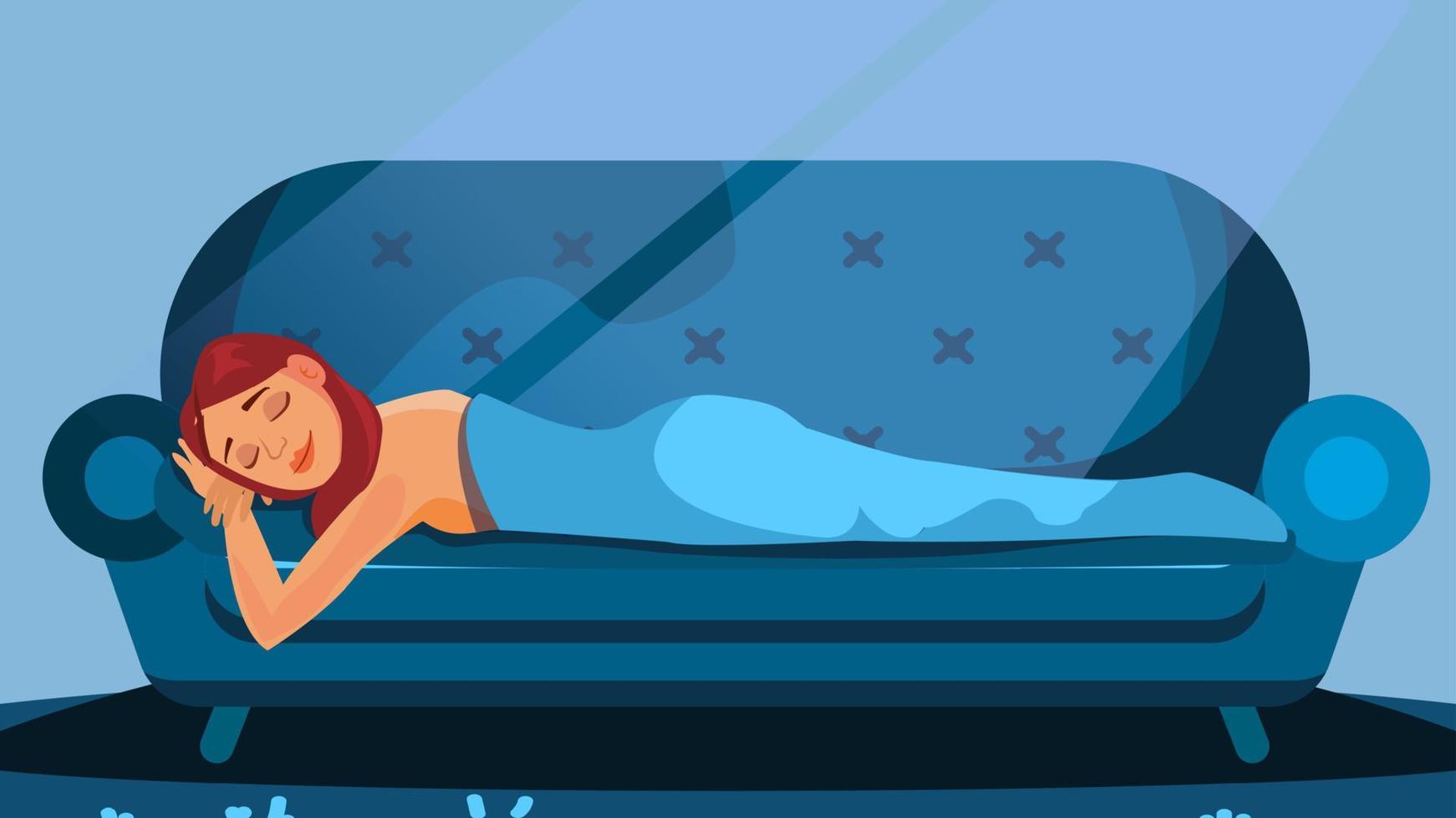 Sleeping Woman Vector. Lying In Bed. Nightmare. Flat Cartoon Illustration vector