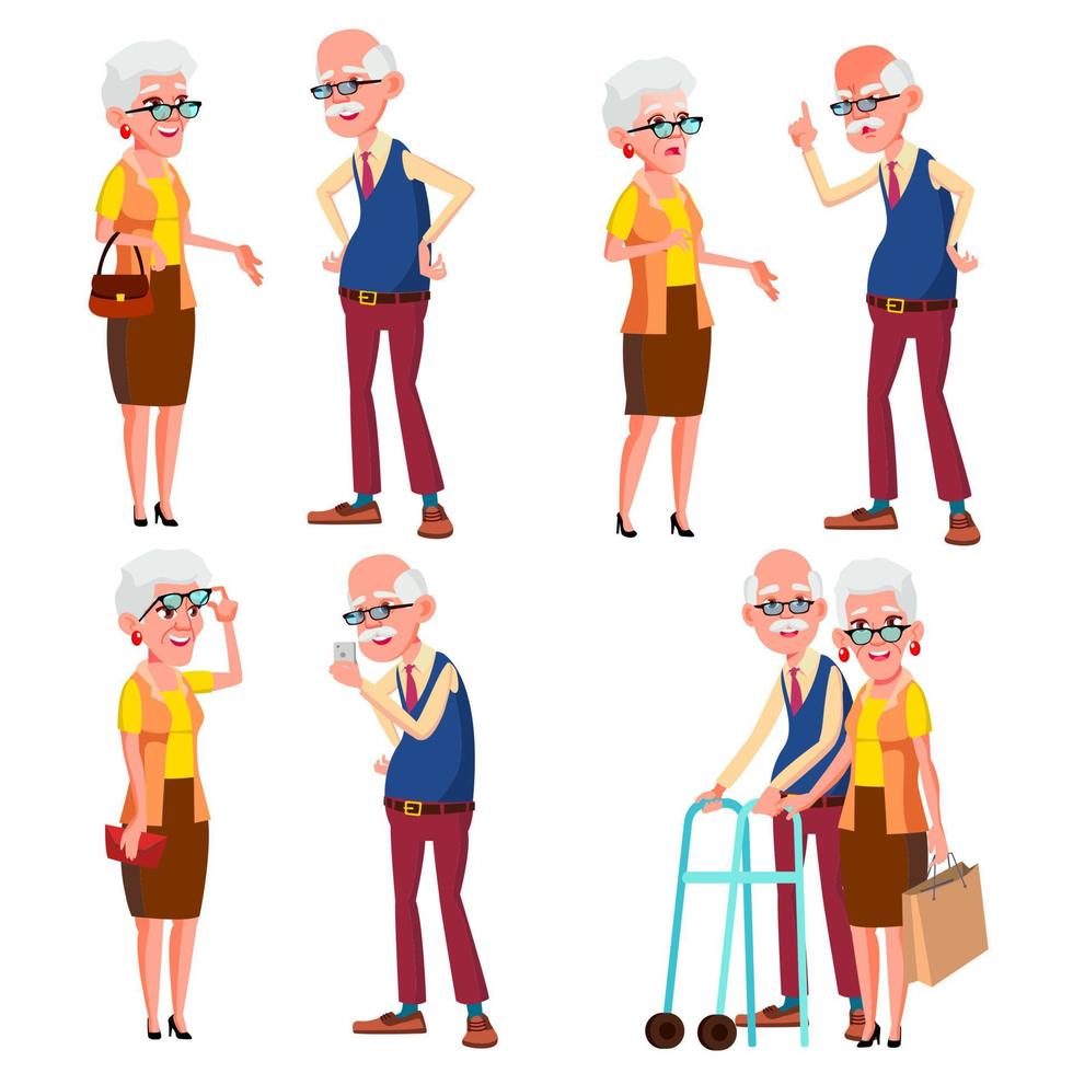 Elderly Couple Set Vector. Grandfather And Grandmother. Silver Hair. Senior Lady And Gentleman. Situations. Old Senior People. European. Isolated Flat Cartoon Illustration vector