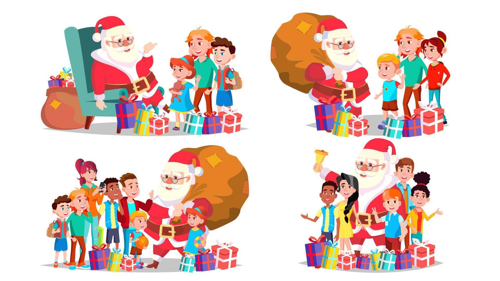 Santa Claus With Children Set Vector. Cheerful Children. December Eve Celebrating. Merry Christmas And Happy New Year. Poster, Advertising Template. Isolated Cartoon Illustration vector