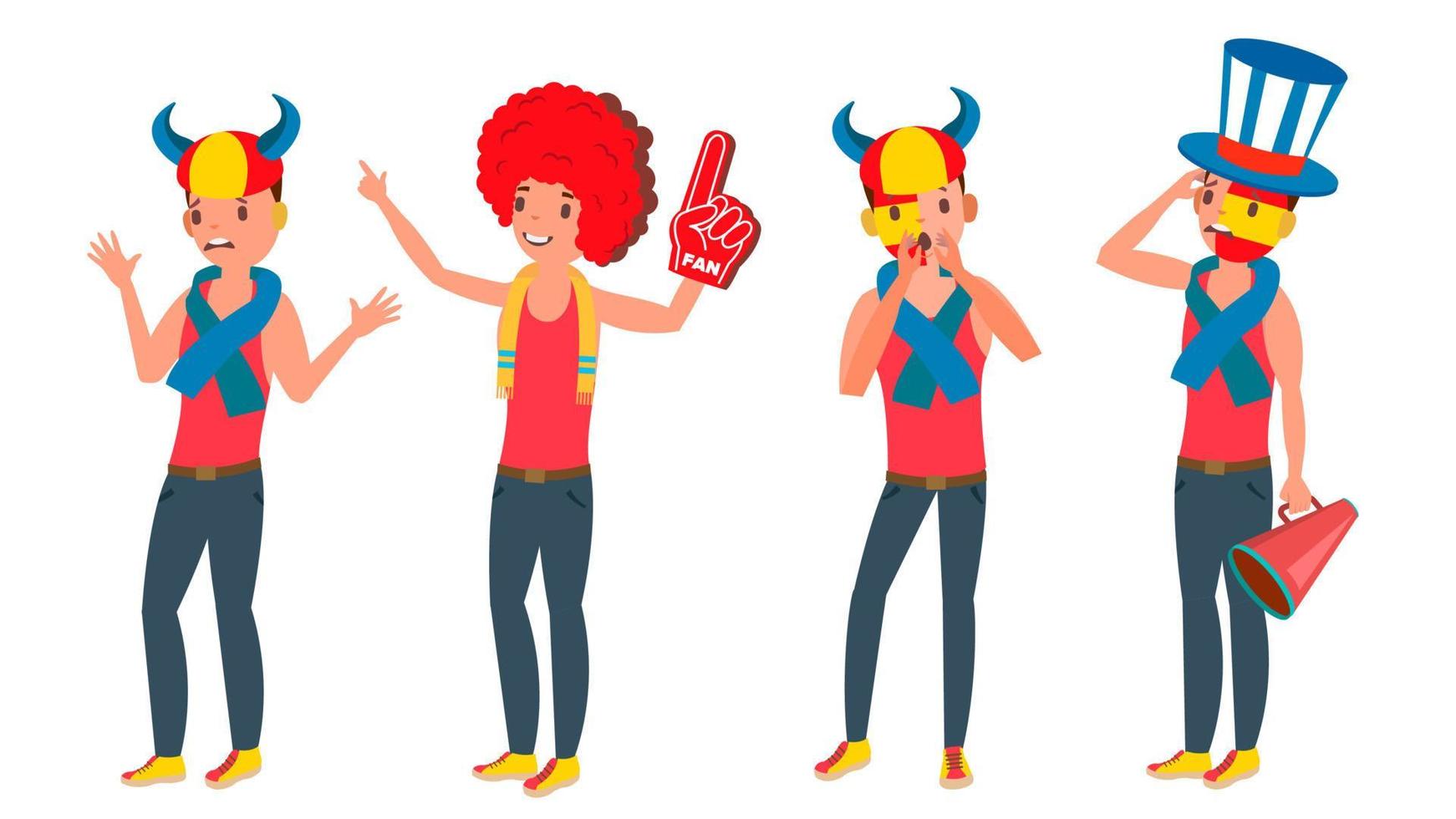 Sport Fan Watching Sport Match Vector. Football, Soccer, Hockey Sports Fans. Different Poses. Isolated On White Cartoon Character Illustration vector