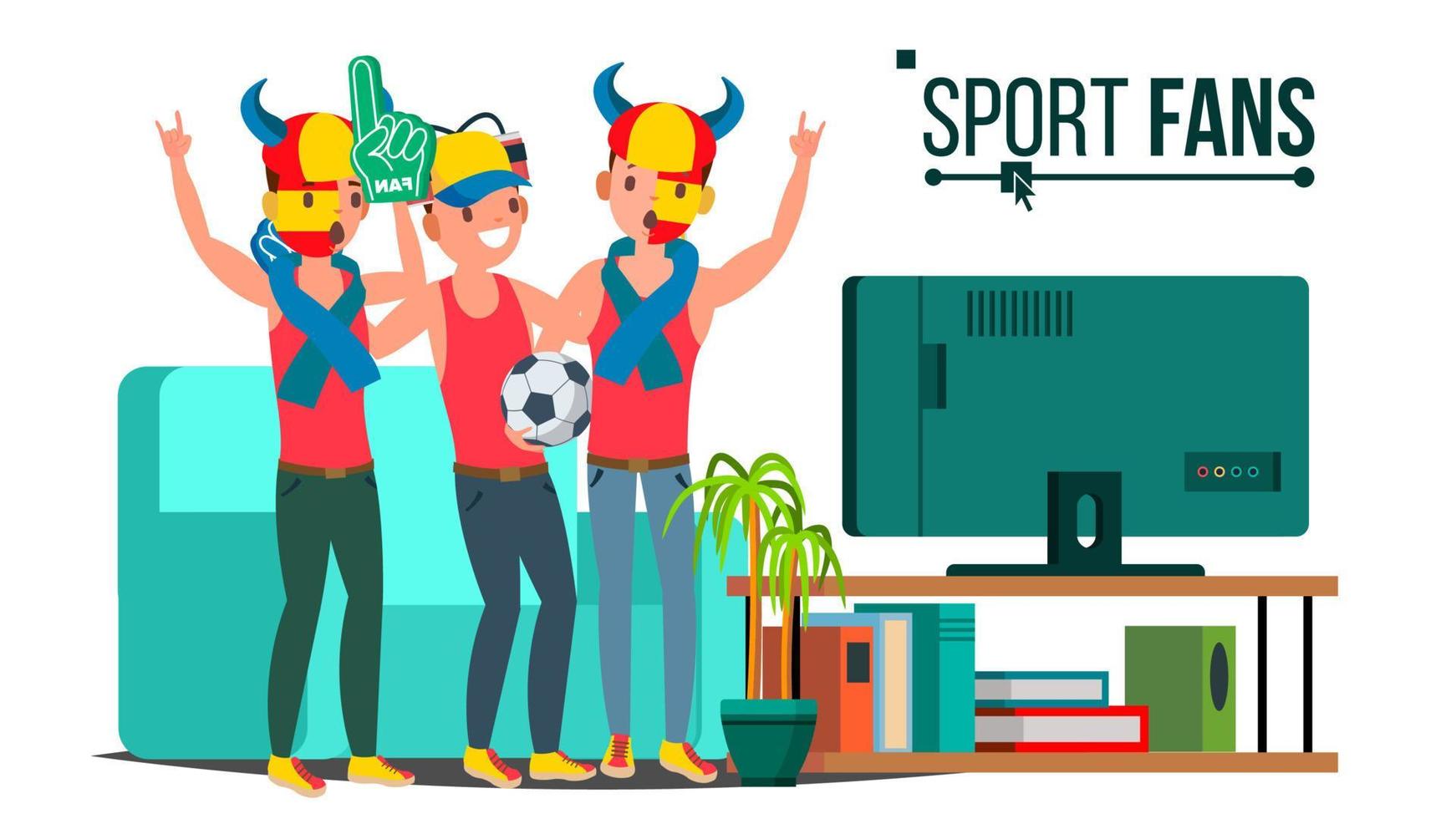 Sport Fans Group Vector. TV-set. Sport Match Supporting. Isolated Flat Cartoon Illustration vector