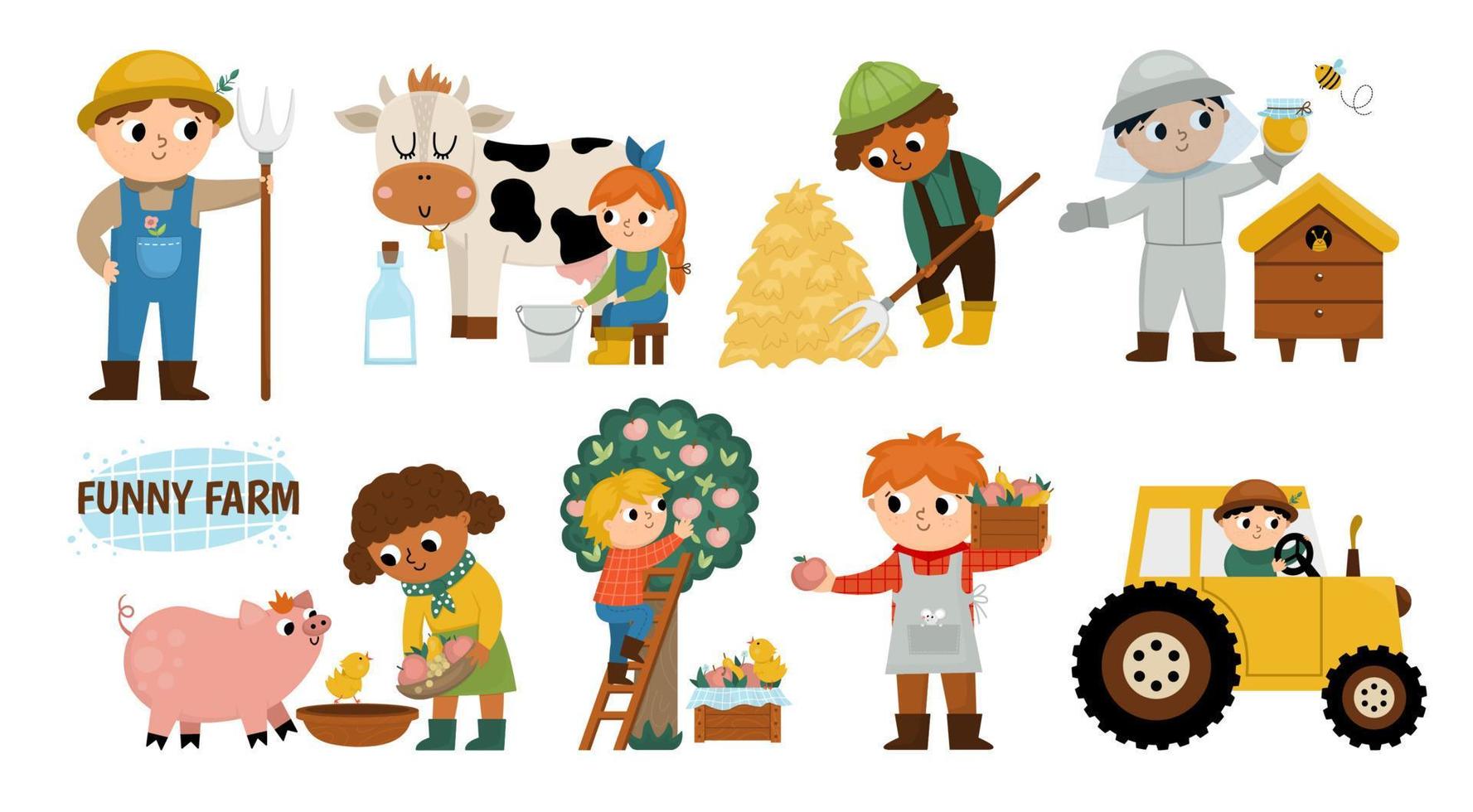 conjunto de agricultores vectoriales. niños lindos haciendo trabajo agrícola. escenas rurales del país. niños recolectando heno, alimentando animales, apicultura, ordeñando vacas. niños y niñas de dibujos animados. Ilustraciones de granja divertida vector