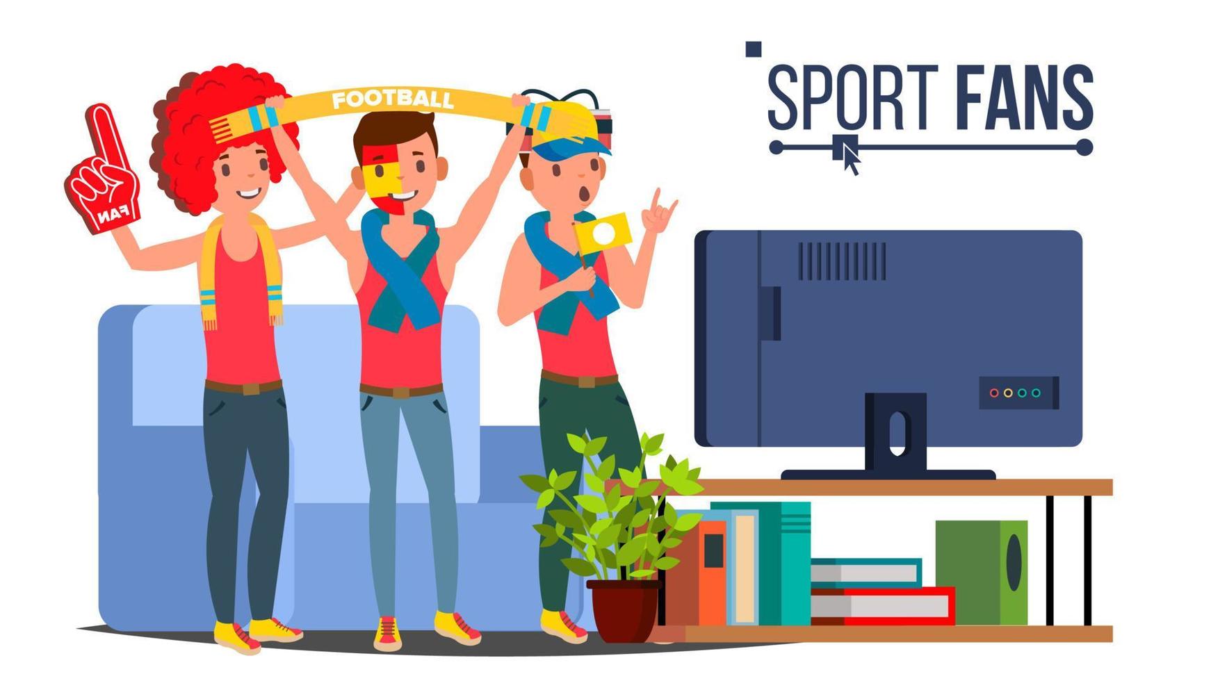 Sport Fans Group Vector. Fan Attributes. Watching TV On Couch. Isolated Flat Cartoon Illustration vector