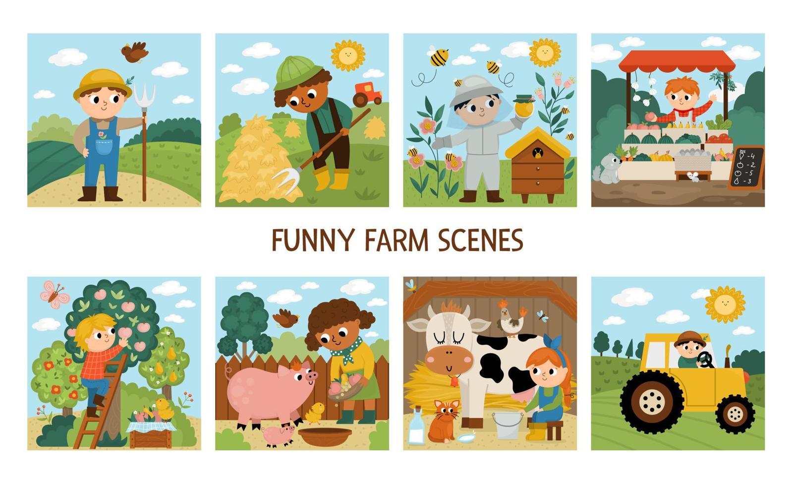 conjunto de escenas de granja vectorial. niños lindos haciendo trabajo agrícola. paisajes rurales con agricultores. niños recolectando heno, alimentando animales, apicultura, ordeñando vacas. niños y niñas de dibujos animados vector