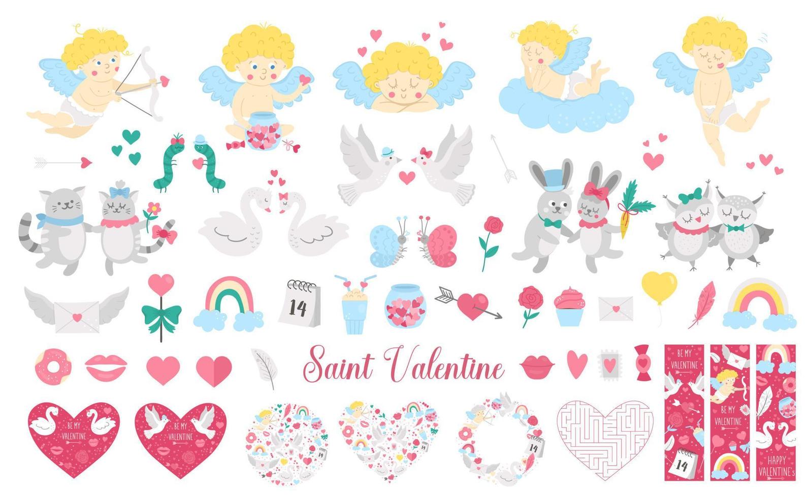 Big Saint Valentine day vector set. Cute characters, cards, designs collection. Cupid, doves, hearts, swans, animal pairs pack. Playful February holiday illustration with love concept