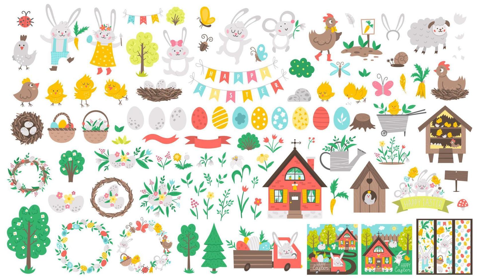 Big Easter vector set. Collection with cute bunny, colored eggs, bird, chicks, baskets, cards, bookmarks, trees. Spring funny illustration. Holiday icons pack with farm animals, house, garden plants