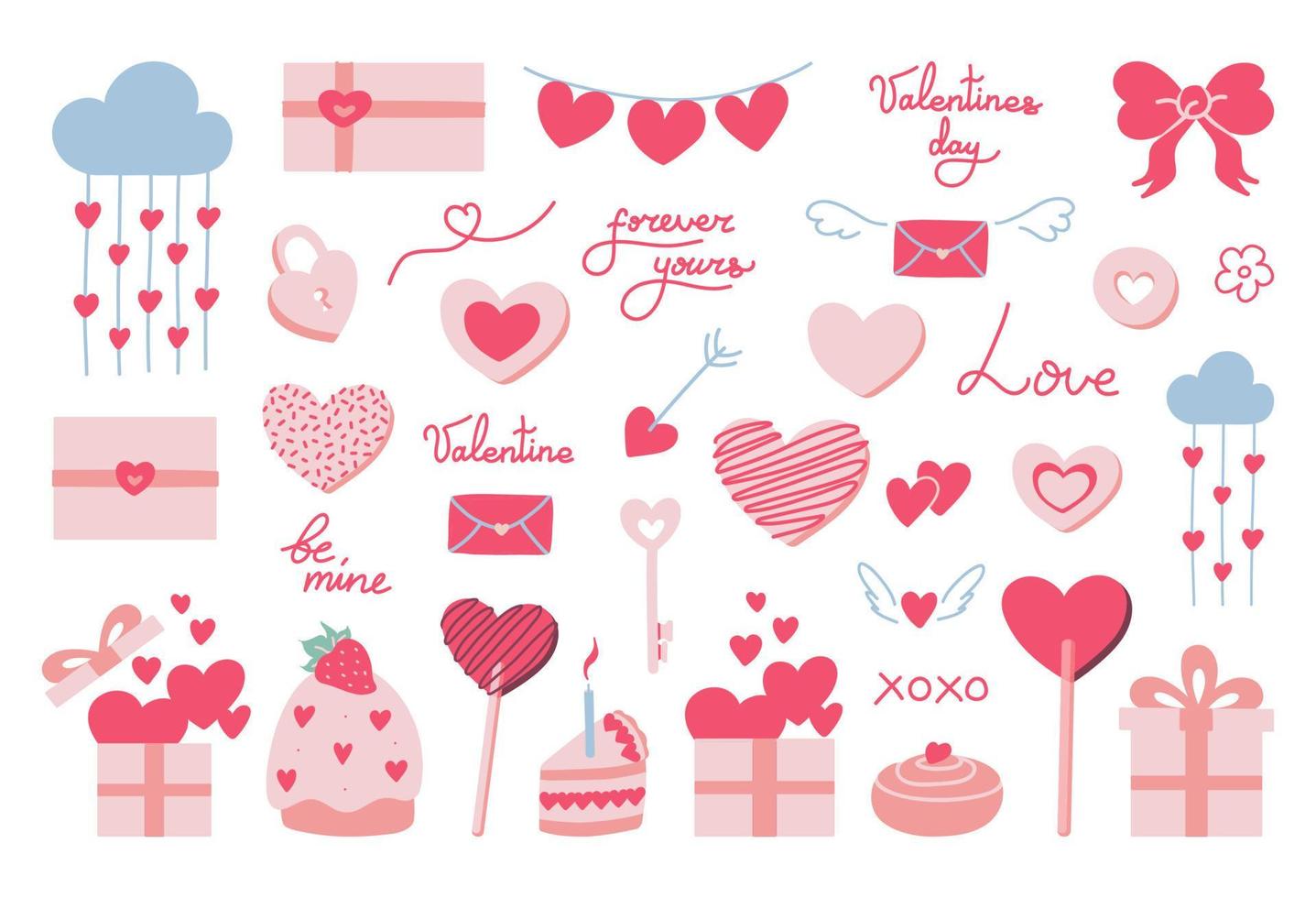 Valentines day vector hand drawn set of doodles. Cute romantic love icons for anniversary, wedding.