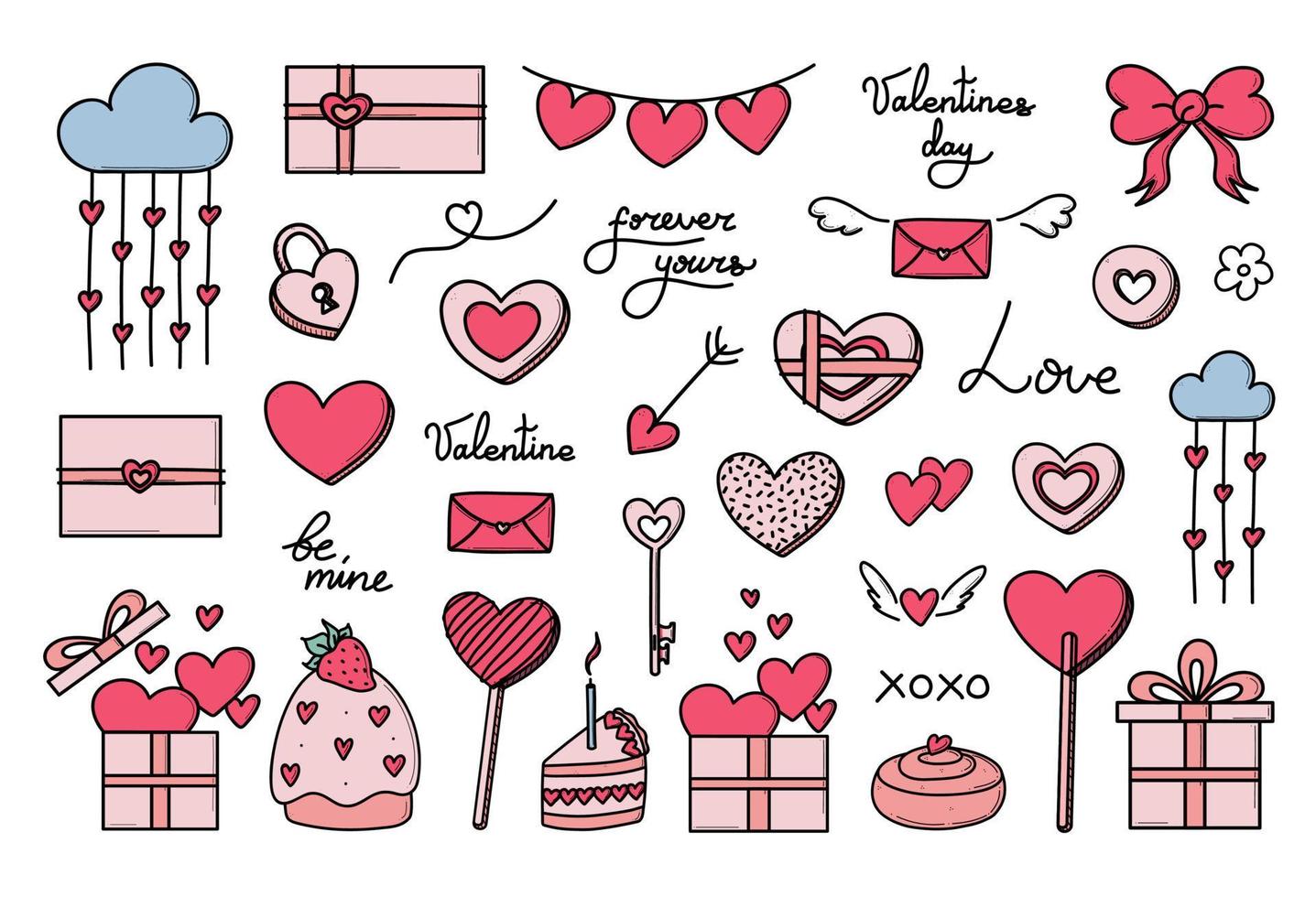 Valentines day vector hand drawn set of doodles. Cute romantic love icons for anniversary, wedding.