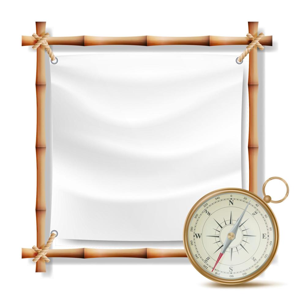 Bamboo Frame And Metal Compass Vector. Summer Travel Concept. Isolated Illustration vector