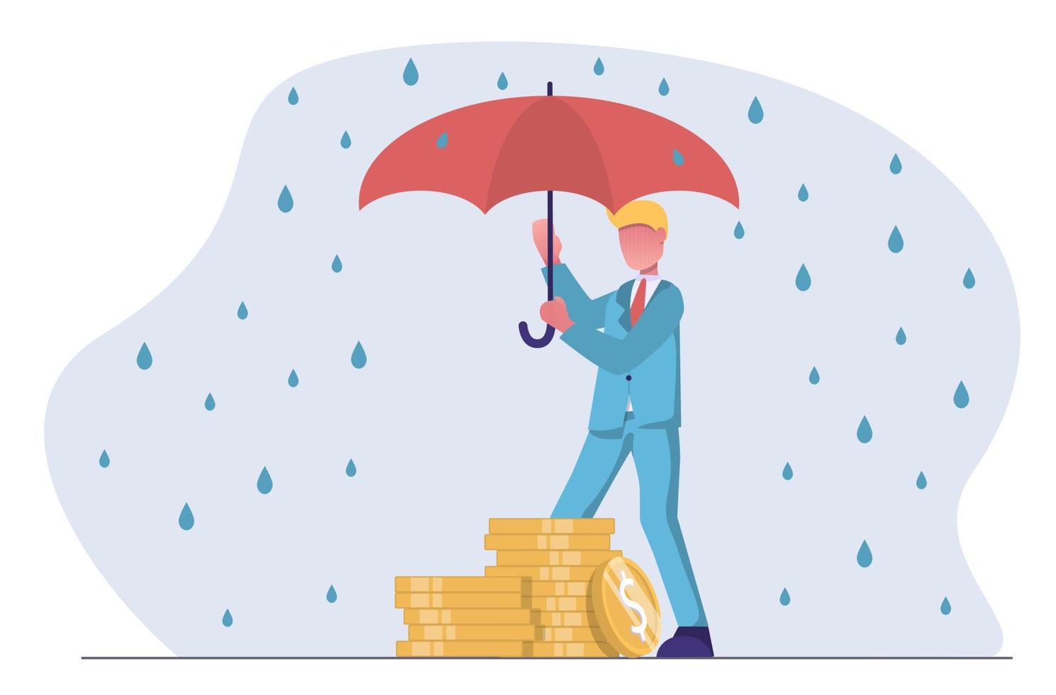 Financial protection. A businessman with an umbrella protects his capital from the rain vector