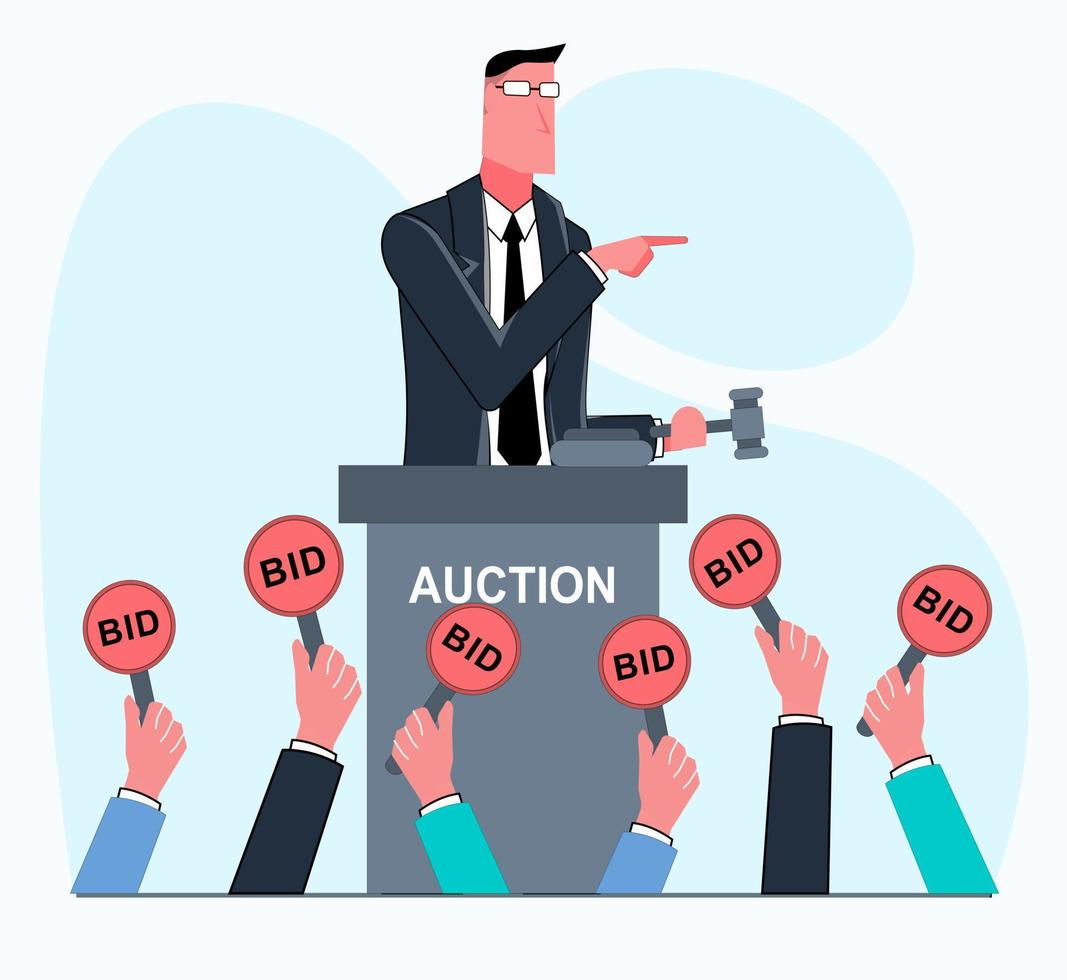 A businessman holds an auction, people hold bidding signs flat vector illustration