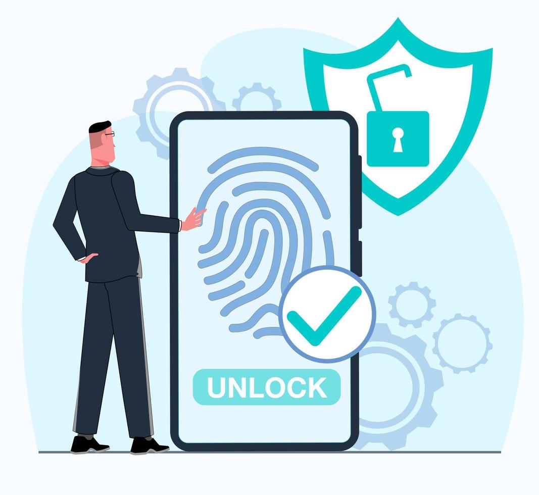 A businessman unlocks his smartphone via a fingerprint scanner, which provides cyber security. The background shows gears and an open lock. Flat vector illustration.