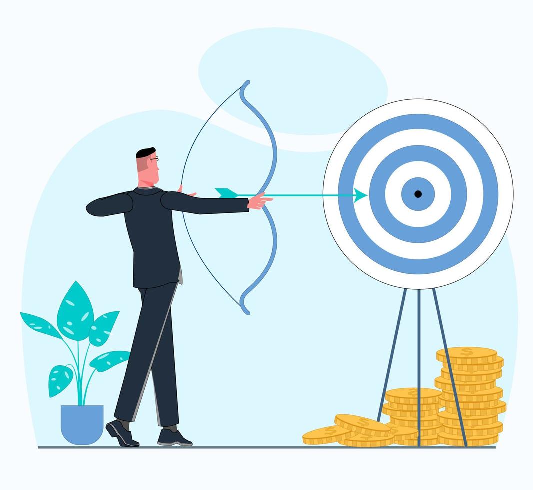 un hombre de negocios dispara una flecha a su objetivo comercial con monedas de oro en la ilustración de vector plano de fondo