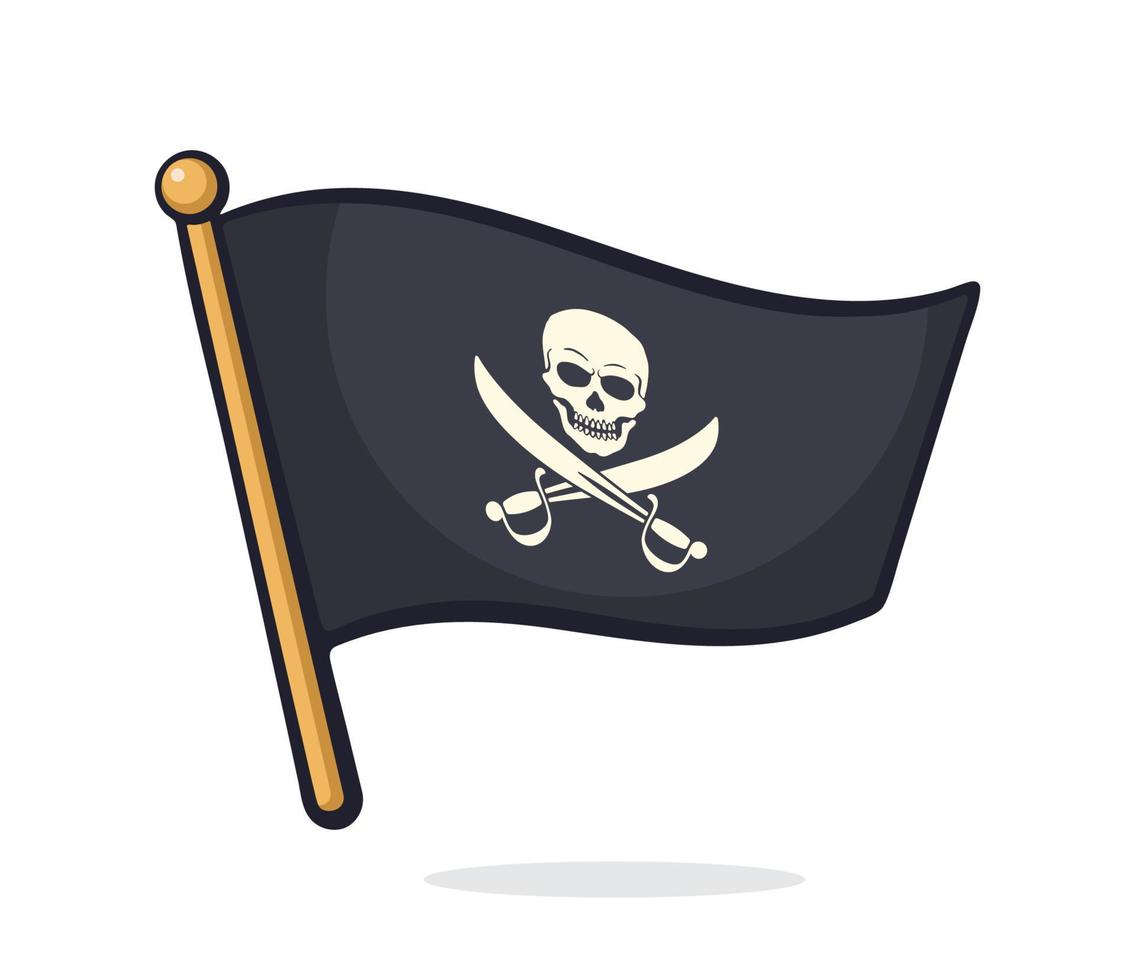 caricatura, ilustración, de, bandera pirata, con, jolly, roger, y, cruzado, sables vector