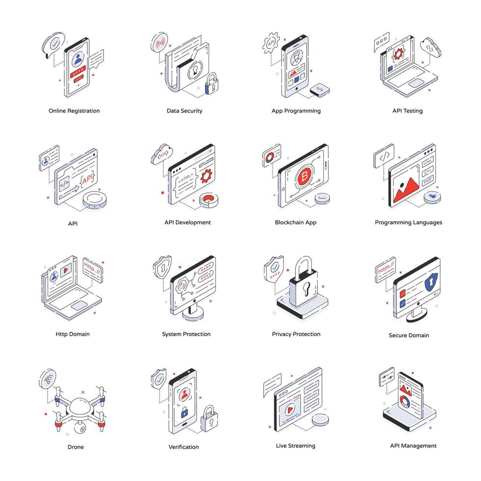 Set of API Services Isometric Icons vector