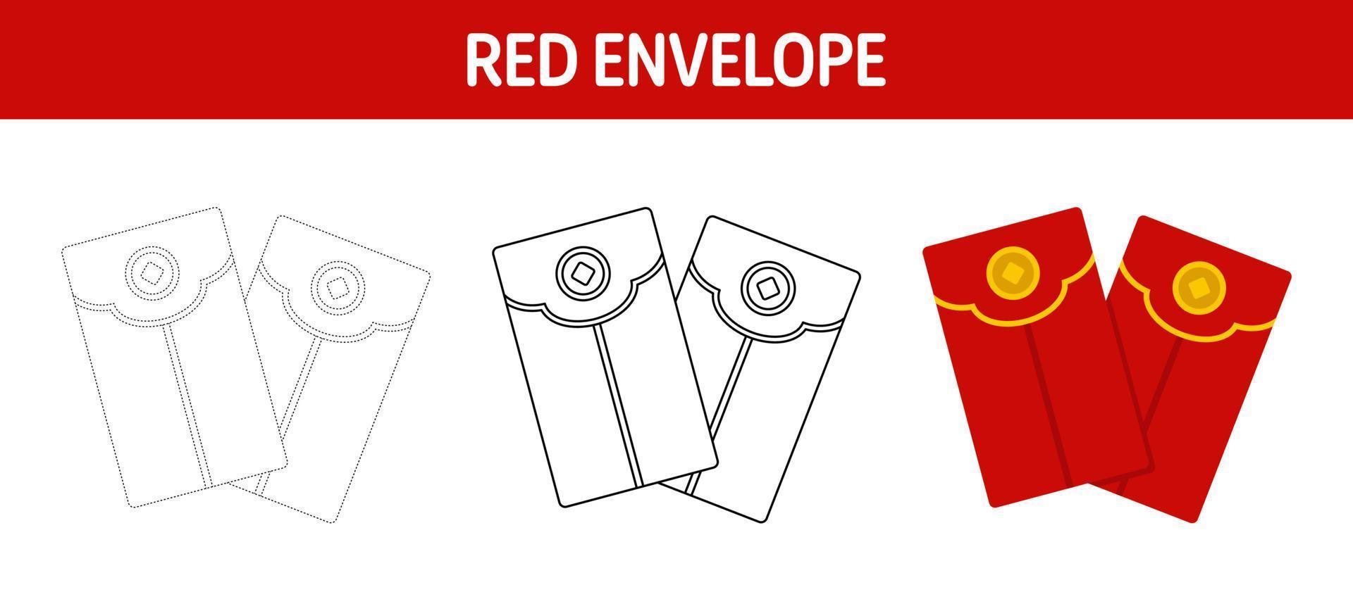 Red Envelope tracing and coloring worksheet for kids vector