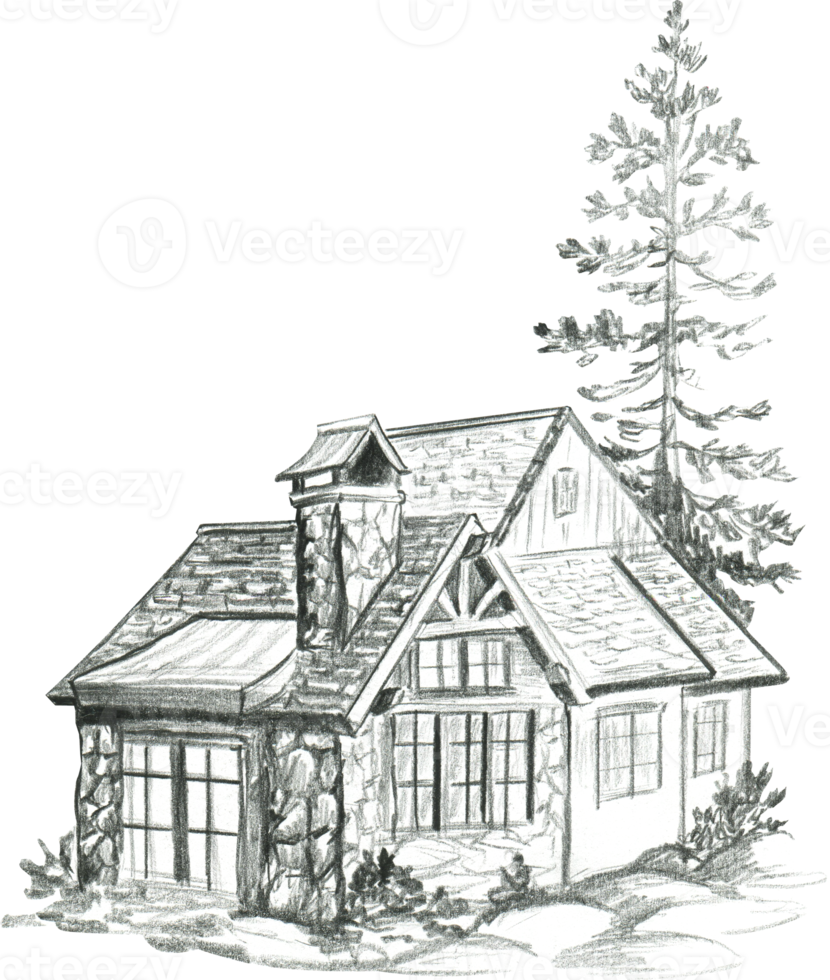 Graphic drawing of a house with an attic and a Christmas tree png