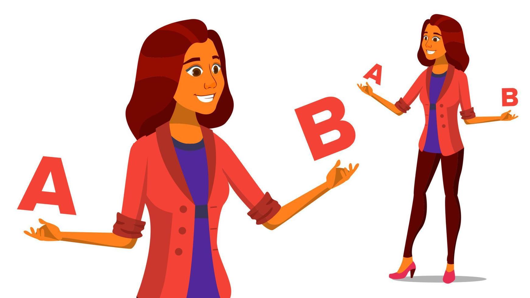 European Woman Comparing A With B Vector. Creative Idea. Balancing. Customer Review. Compare Objects, Purchases, Ideas, Strategies. Isolated Flat Cartoon Illustration vector