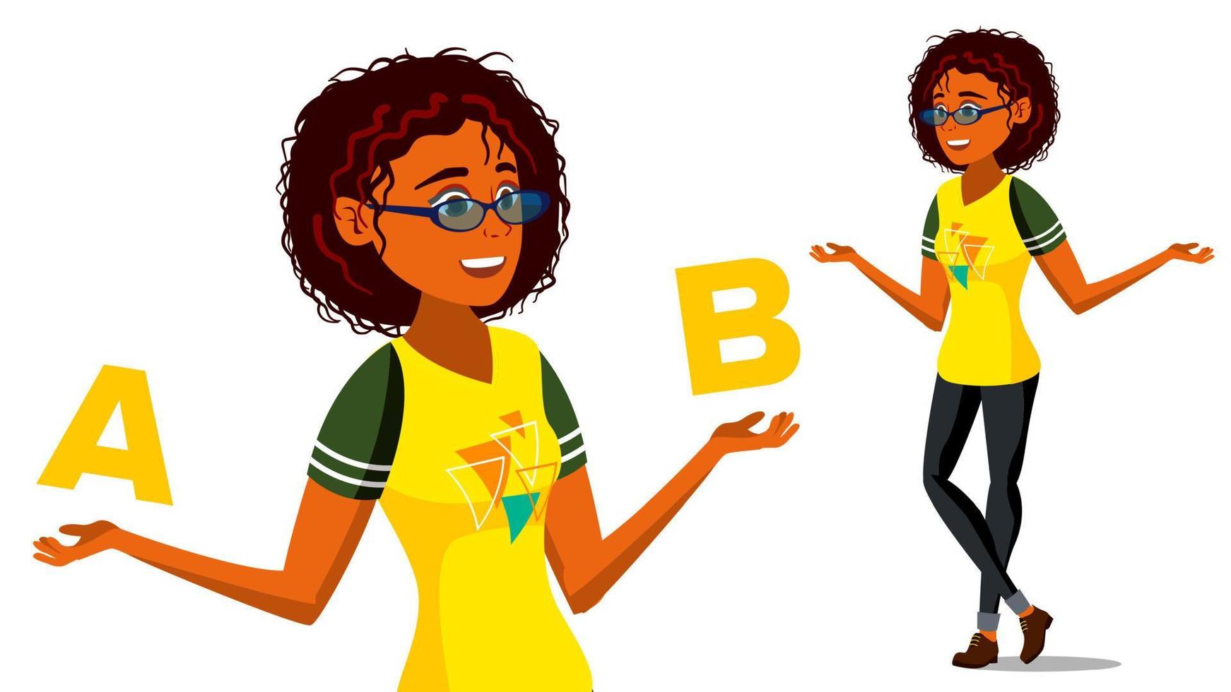 Afro american Woman Comparing A With B Vector. Balance Of Mind And Emotions. Client Choice. Compare Objects, Ways, Ideas. Isolated Flat Cartoon Illustration vector