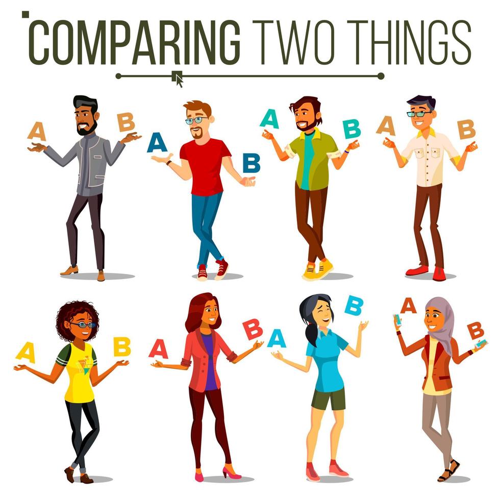 People Comparing A With B Vector. Balance Of Mind And Emotions. Mix Race. Client Choice. Compare Objects, Ways, Ideas. Customer Review. Isolated Flat Cartoon Illustration vector
