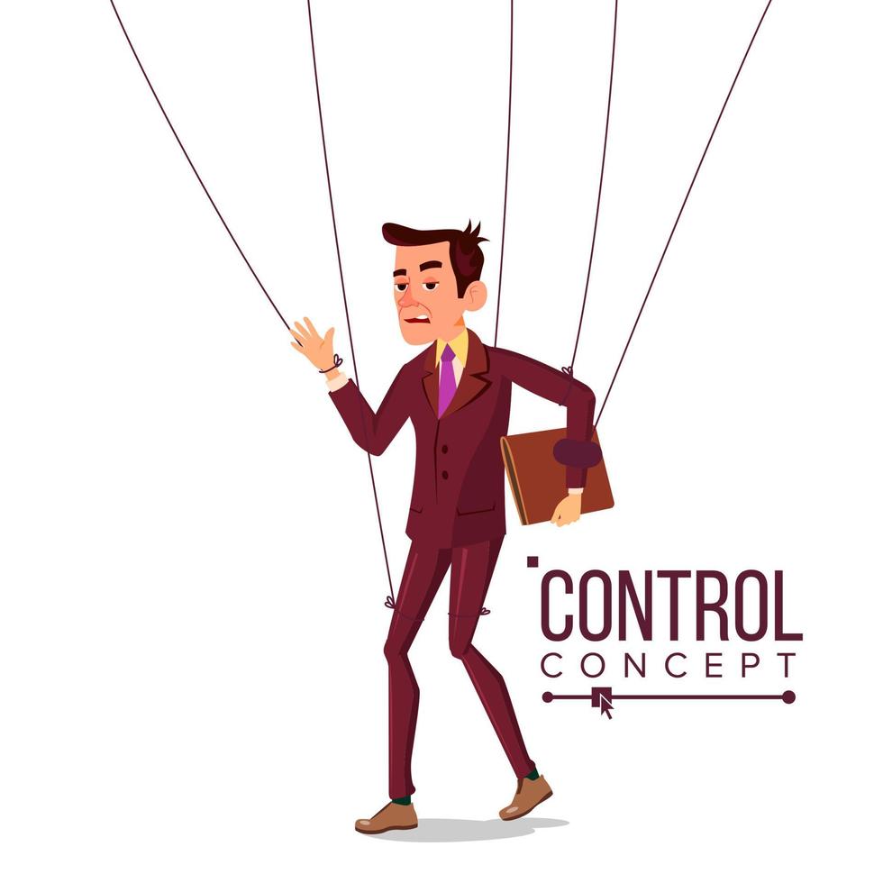 Manipulation Businessman Vector. Puppet Master And Employee. Worker On Ropes. Unfairly Using. Big Hand. Cartoon Illustration vector
