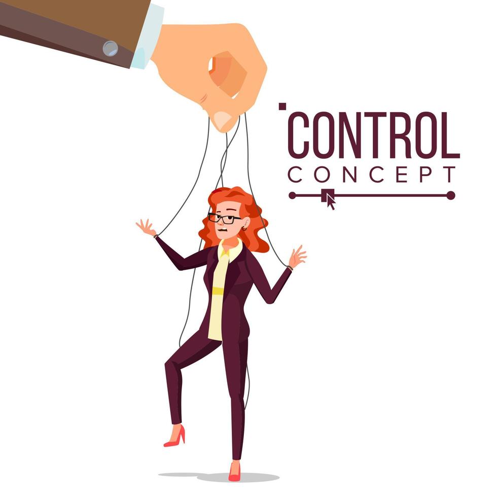 Manipulation Business Woman Vector. Puppet Office Worker. Person On Ropes. Unfairly Using. Big Hand. Cartoon Illustration vector