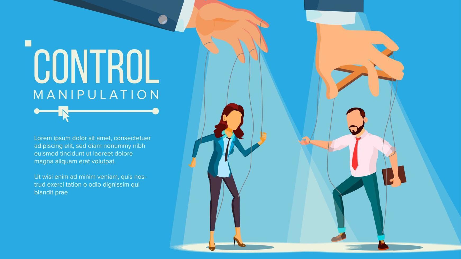 Marionette Concept Vector. Manipulation Big Managing Hand. Employee. Worker On Ropes. Unfairly Using. Cartoon Illustration vector