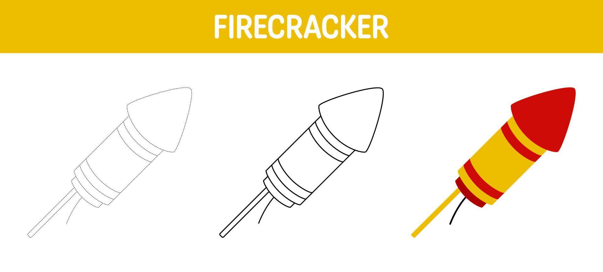 Firecracker tracing and coloring worksheet for kids vector