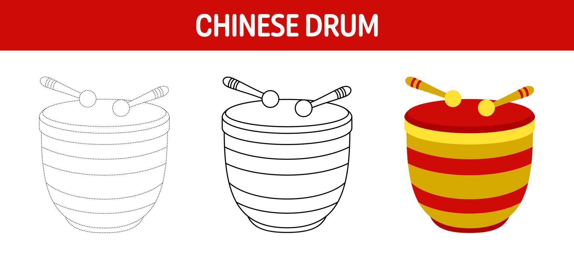 Chinese Drum tracing and coloring worksheet for kids vector