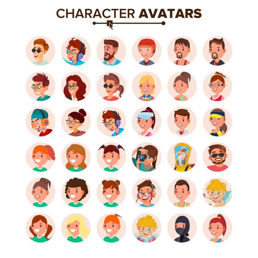People Avatars Set Vector. Default Character Avatar Placeholder. Face, Emotions. Flat, Cartoon, Comic Art Flat Isolated Illustration vector