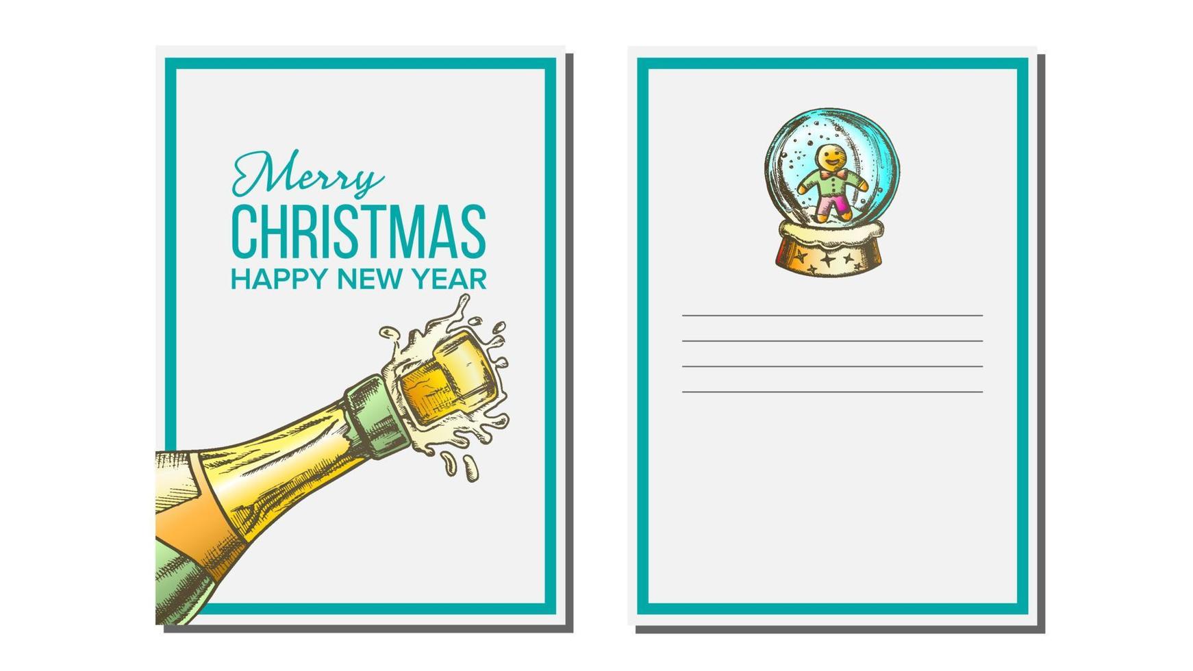 vector de tarjeta de felicitación de navidad. Botella de champagne. estaciones. concepto de vacaciones. dibujado a mano en la ilustración de estilo vintage