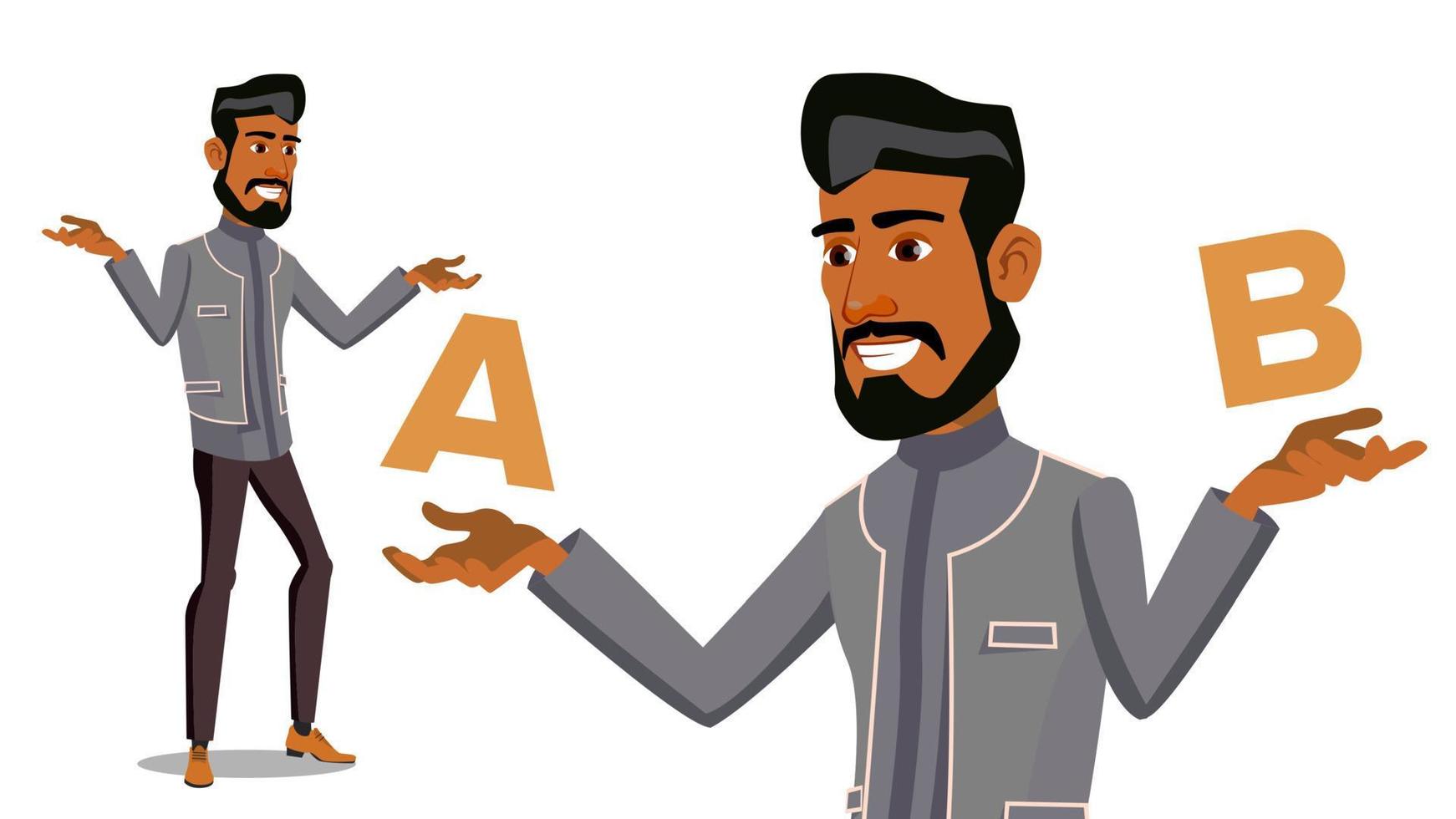 Arab Man Comparing A With B Vector. Balance Of Mind And Emotions. Client Choice. Compare Objects, Ways, Ideas.Isolated Flat Cartoon Illustration vector