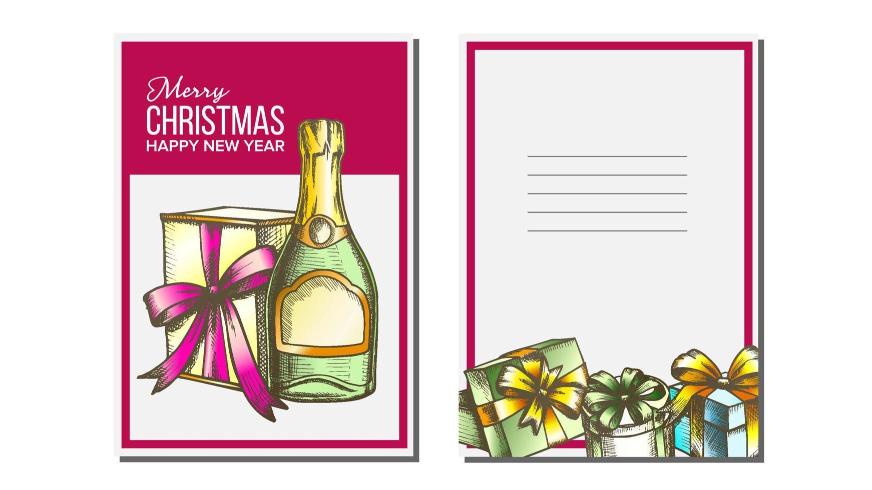 Christmas Greeting Card Vector. Champagne Bottle. Seasons. Winter Wishes. Holiday Concept. Hand Drawn In Vintage Style Illustration vector