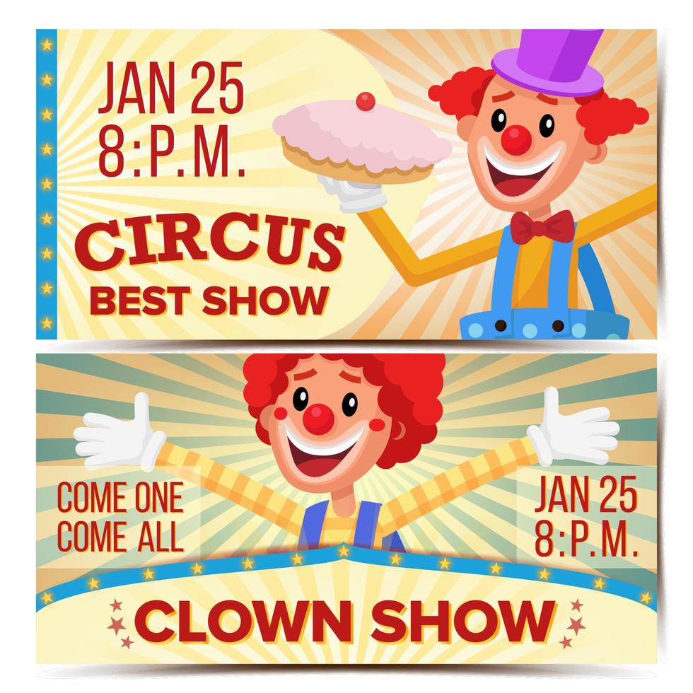 Circus Clown Horizontal Banners Template Vector. Great Circus Show Concept. Amusement Park Party. Carnival Festival Background. Illustration vector