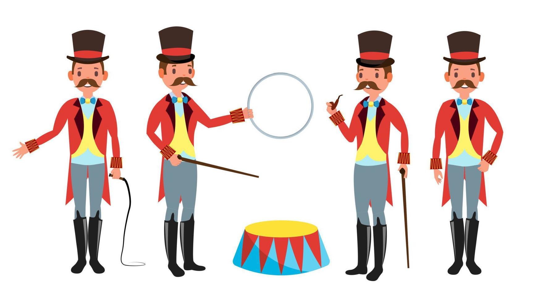 Circus Trainer Vector. Whip In His Hand. Classic Black Hat. Retro Flat Cartoon Illustration vector