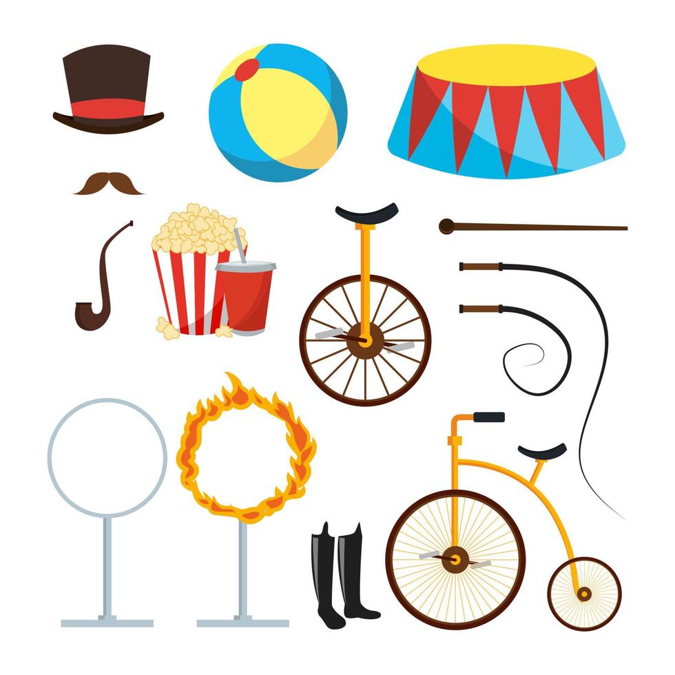 Circus Trainer Items Set Vector. Circus Accessories. Hat, Mustache, Ball, Podium, Stand, Whip, Tobacco, Popcorn, Soda, Bicycle, Fire Ring, Boots. Isolated Flat Cartoon Illustration vector