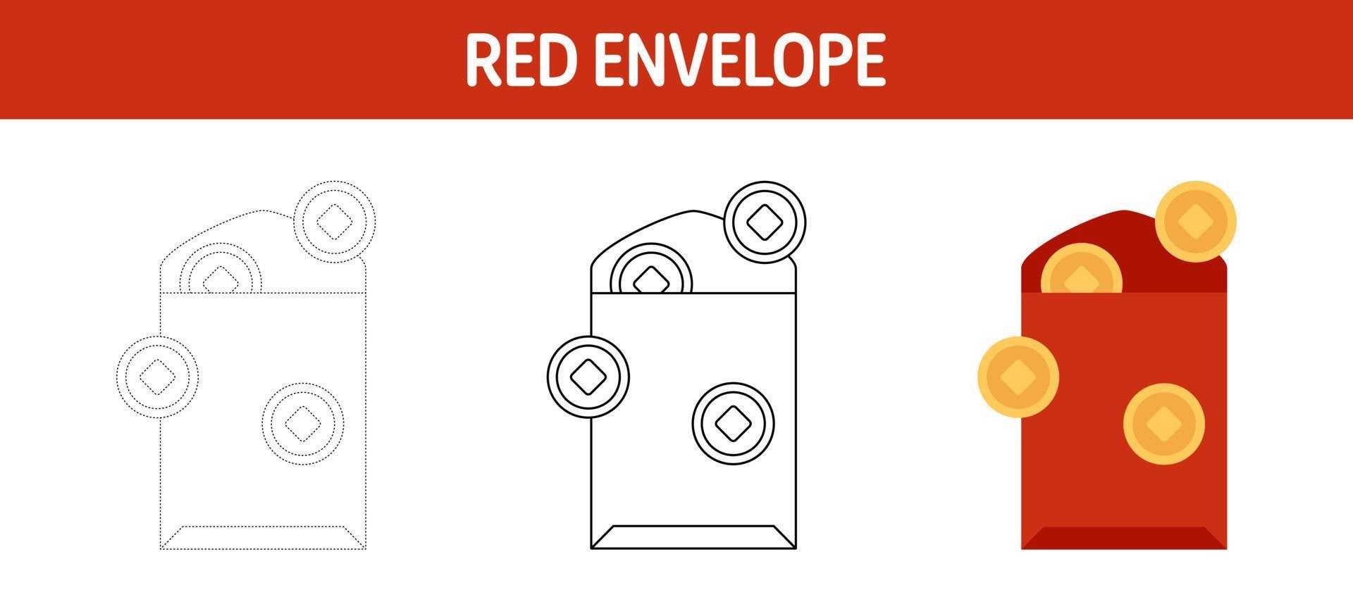 Red Envelope tracing and coloring worksheet for kids vector