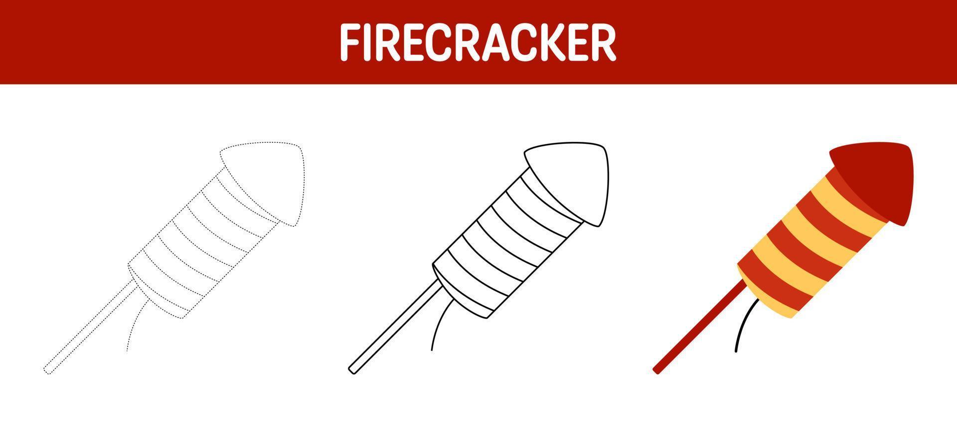 Firecracker tracing and coloring worksheet for kids vector