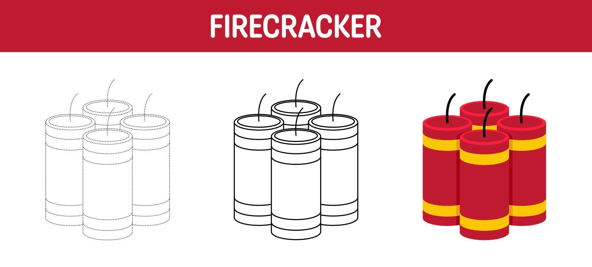 Firecracker tracing and coloring worksheet for kids vector