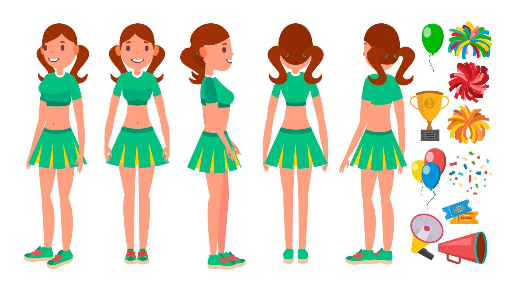 Cheerleaders Girls Set Vector. Different Poses. Dancing To Support Sport Soccer Team. Isolated Flat Cartoon Character Illustration vector