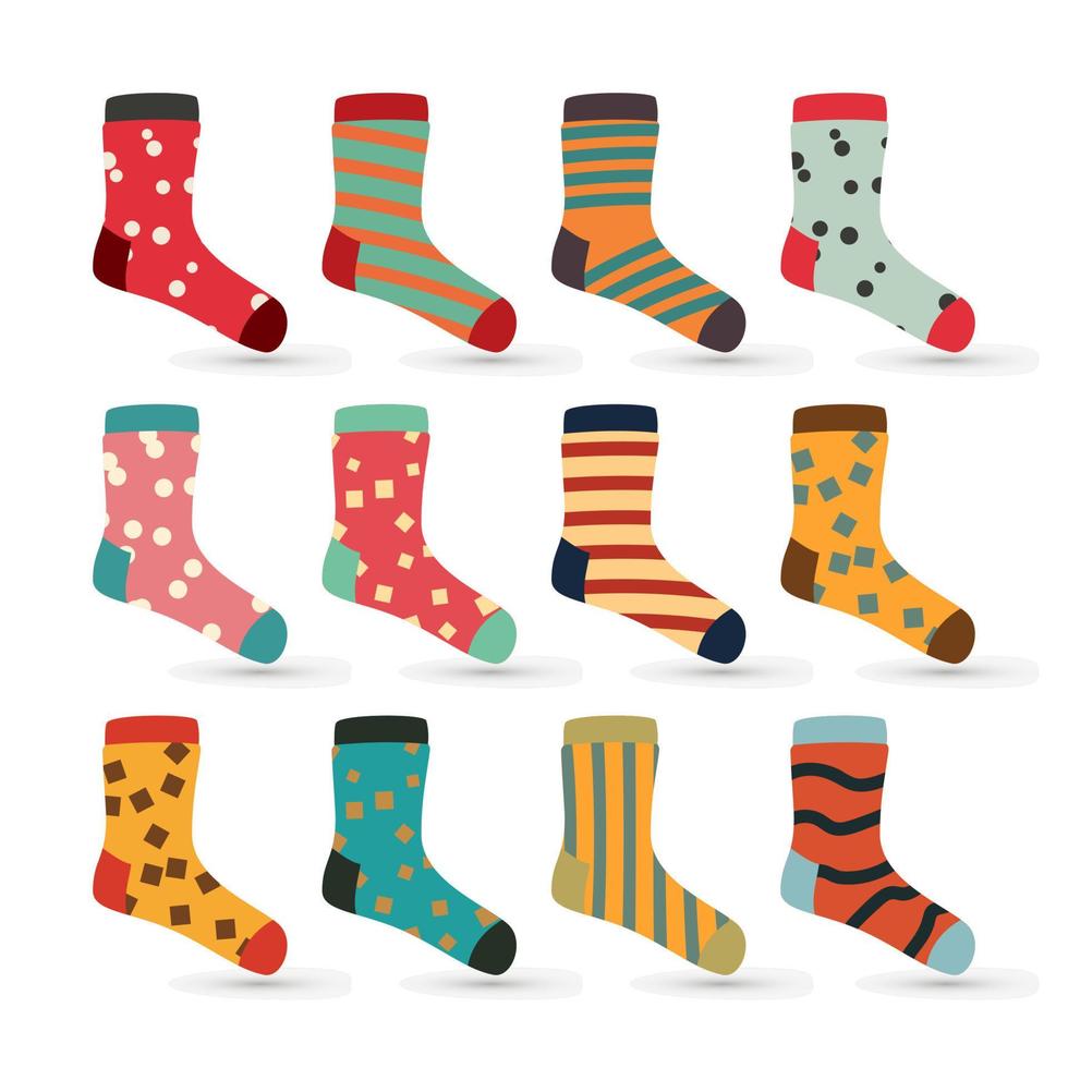 Child Socks Icons Vector. Big Set In Flat Style Illustration. Winter Fashion Sock Fabric Design. vector