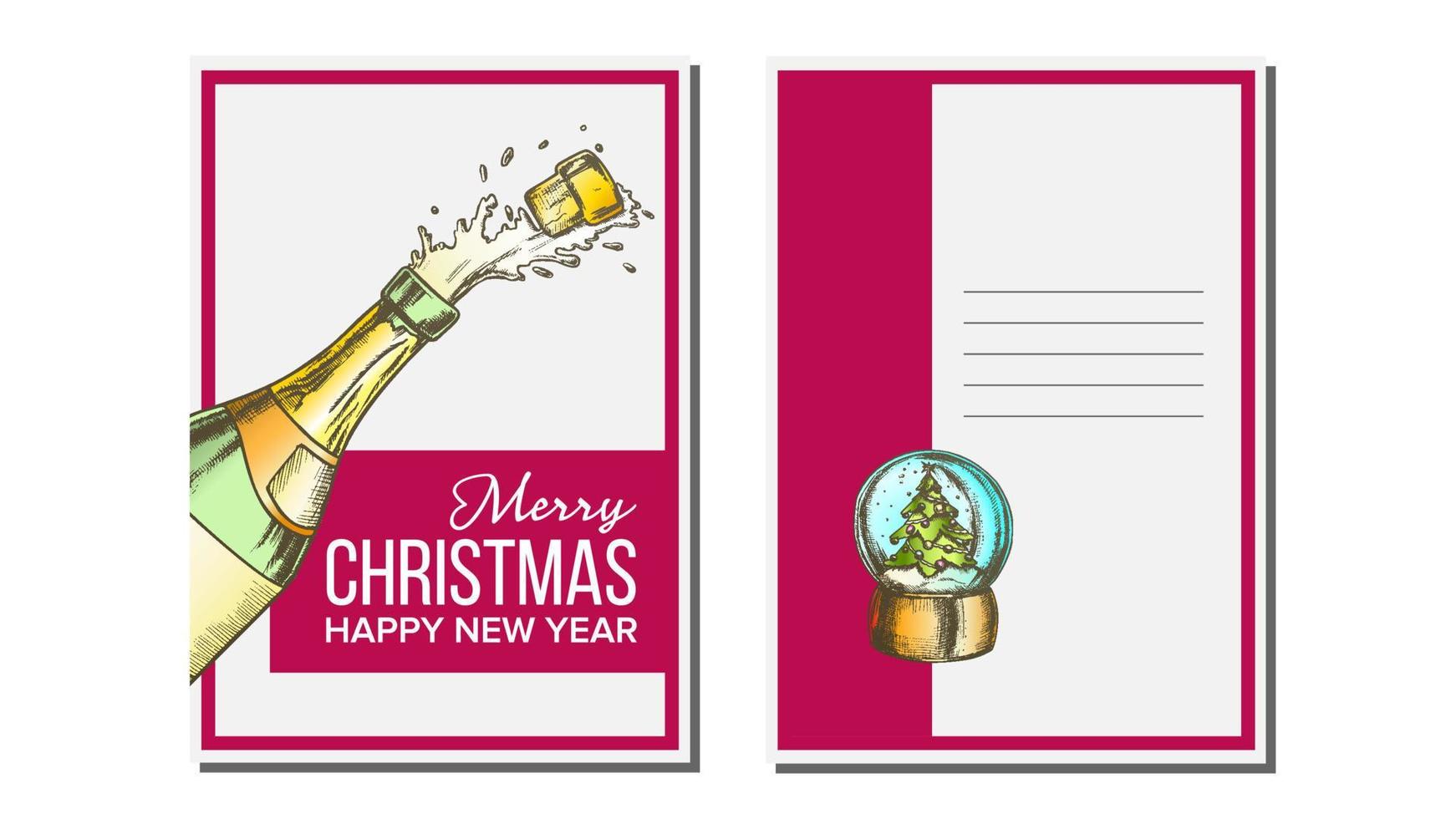 Christmas Greeting Card Vector. Champagne Bottle. Seasons. Winter Wishes. Hand Drawn In Vintage Style Illustration vector