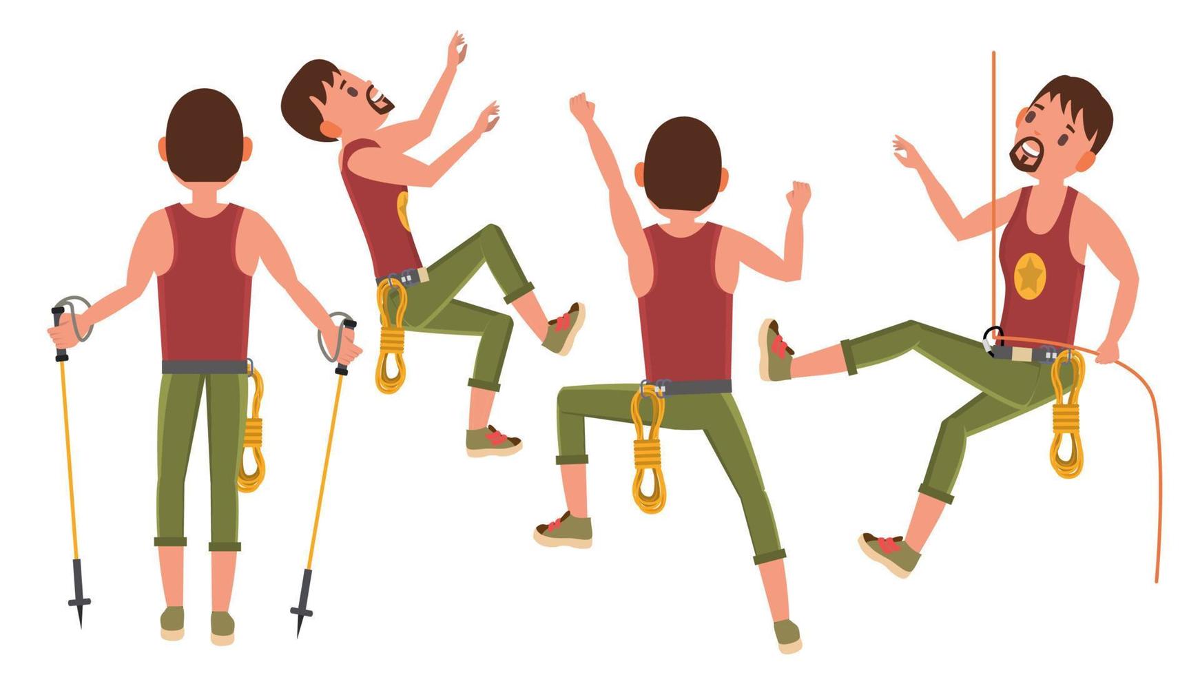 Young Climber Man Vector. Rock Climbing Sport. Different Poses. Tourist Hiking, Trekking Cartoon Character Illustration vector