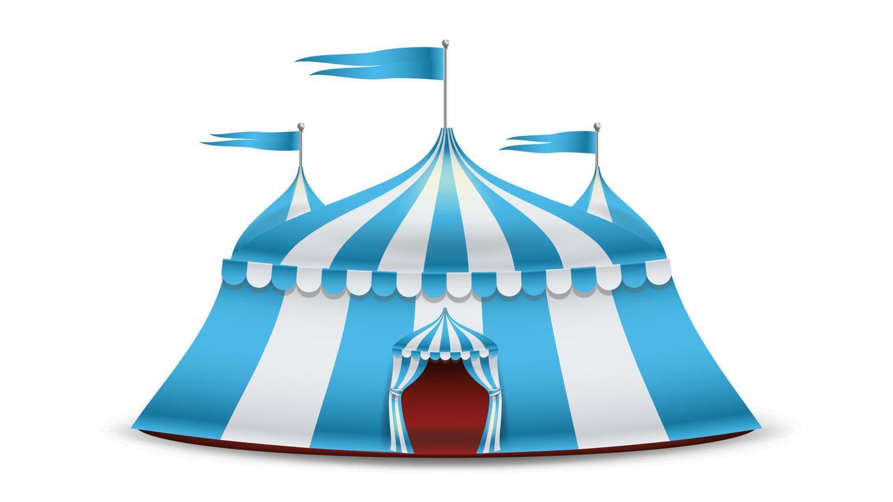 vector de carpa de circo de dibujos animados. rayas azules y blancas. parque de atracciones, ilustración del concepto de vacaciones de carnaval