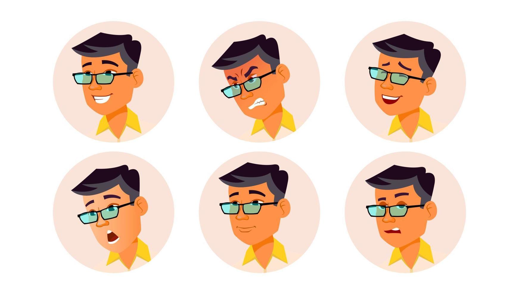 Man Avatar People Vector. Korean, Thai, Vietnamese. Facial Emotions. User Person. Expressive Picture. Pretty User. Happy, Unhappy. Isolated Flat Cartoon Illustration vector