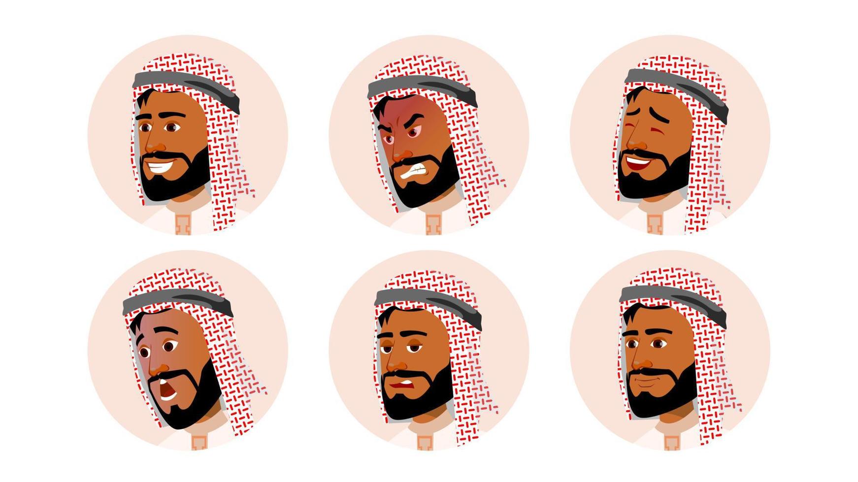 árabe avatar icono hombre vector. Arabia Saudita, Emiratos Árabes Unidos, Qatar, Emiratos Árabes Unidos. emociones humanas. varón anónimo. expresión variada. varias cabezas. ilustración de personaje de dibujos animados aislado vector