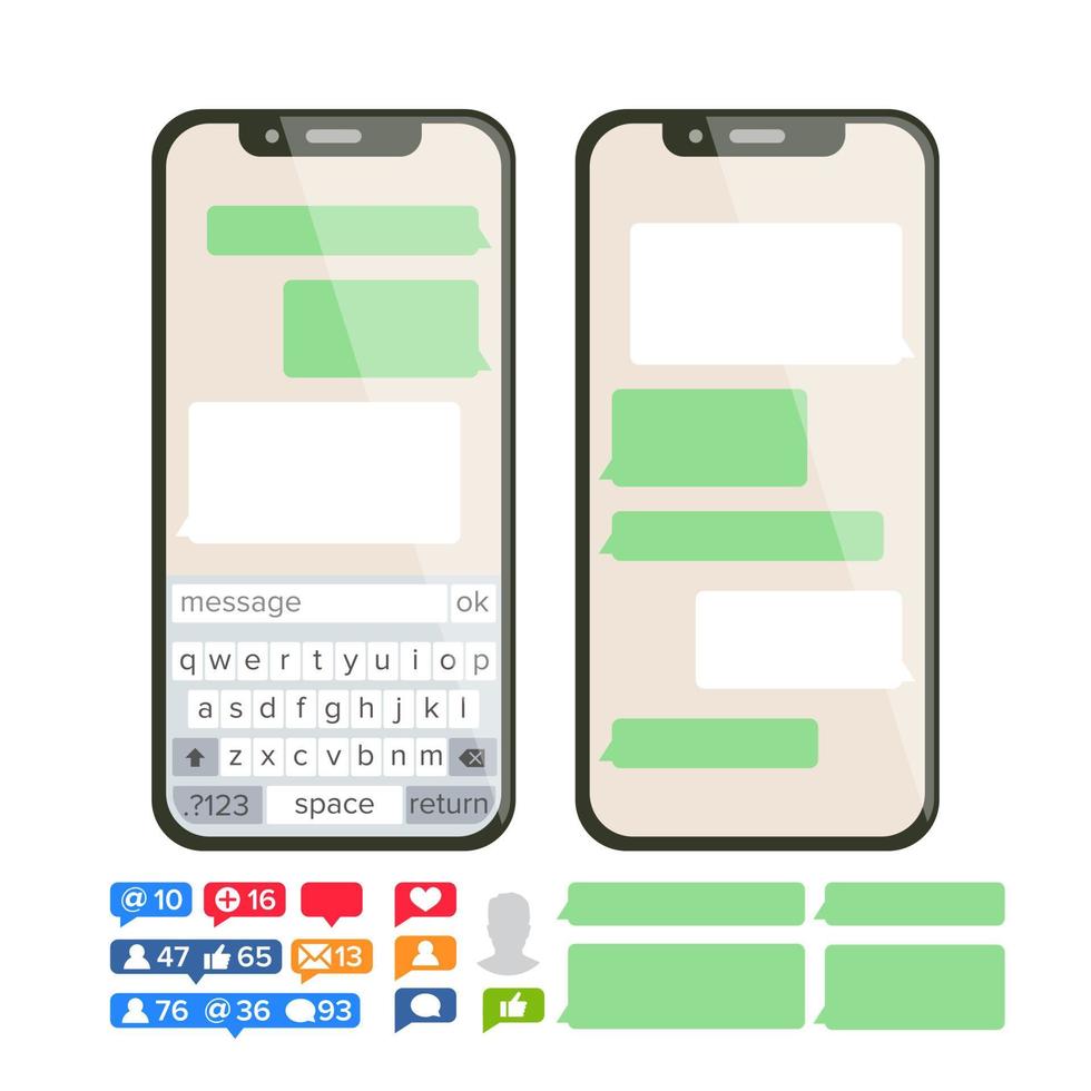 Chatbot Text Message Vector. Chat Bot Bubble Set Template. Modern Mobile Application Messenger Interface. Smartphone With Chat On Screen. Empty Text Boxes. Notification Icons. Flat Illustration vector