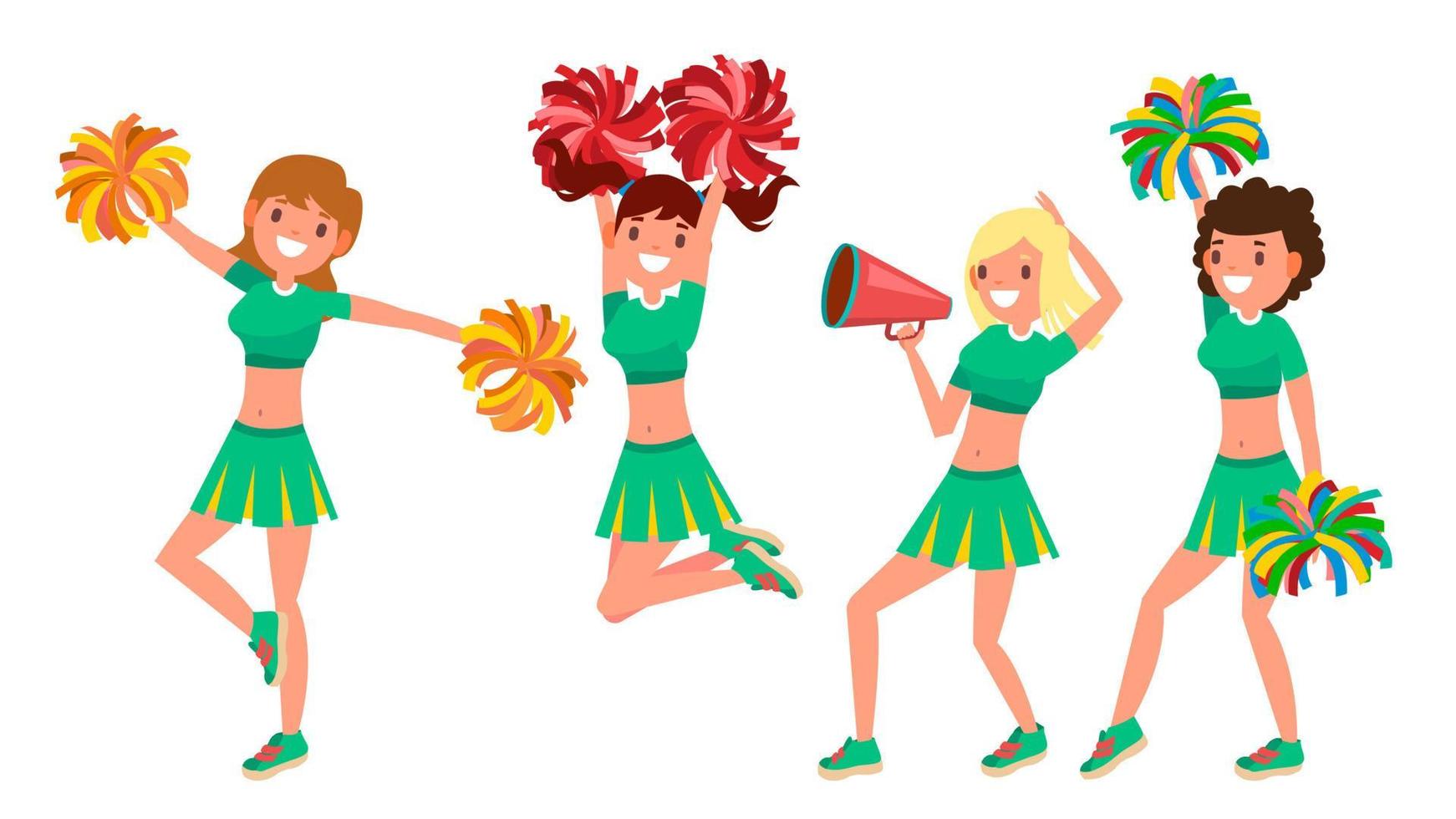 Cheerleading Team Vector. In Action. Sport Fan Dancing. Posing With Pompoms. Raising Hands Up. Competition. Flat Cartoon Illustration vector