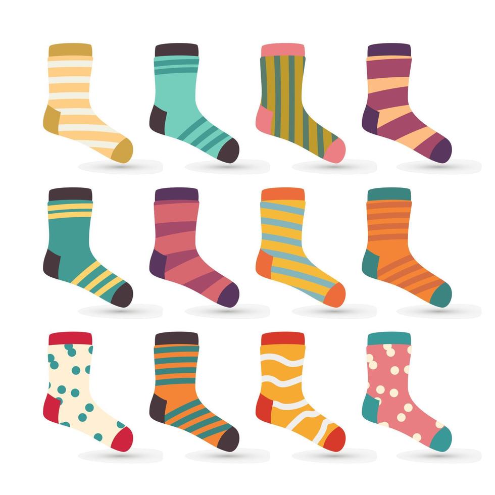 vector de iconos de calcetines de niño. coloridos dibujos animados lindo estilizado. conjunto de ropa para niños